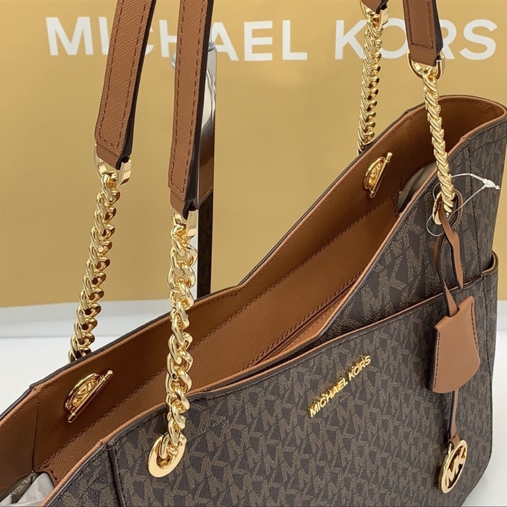 MICHAEL KORS LARGE X CHAIN LOGO SHOULDER BAG BROWN - Picture 7 of 16